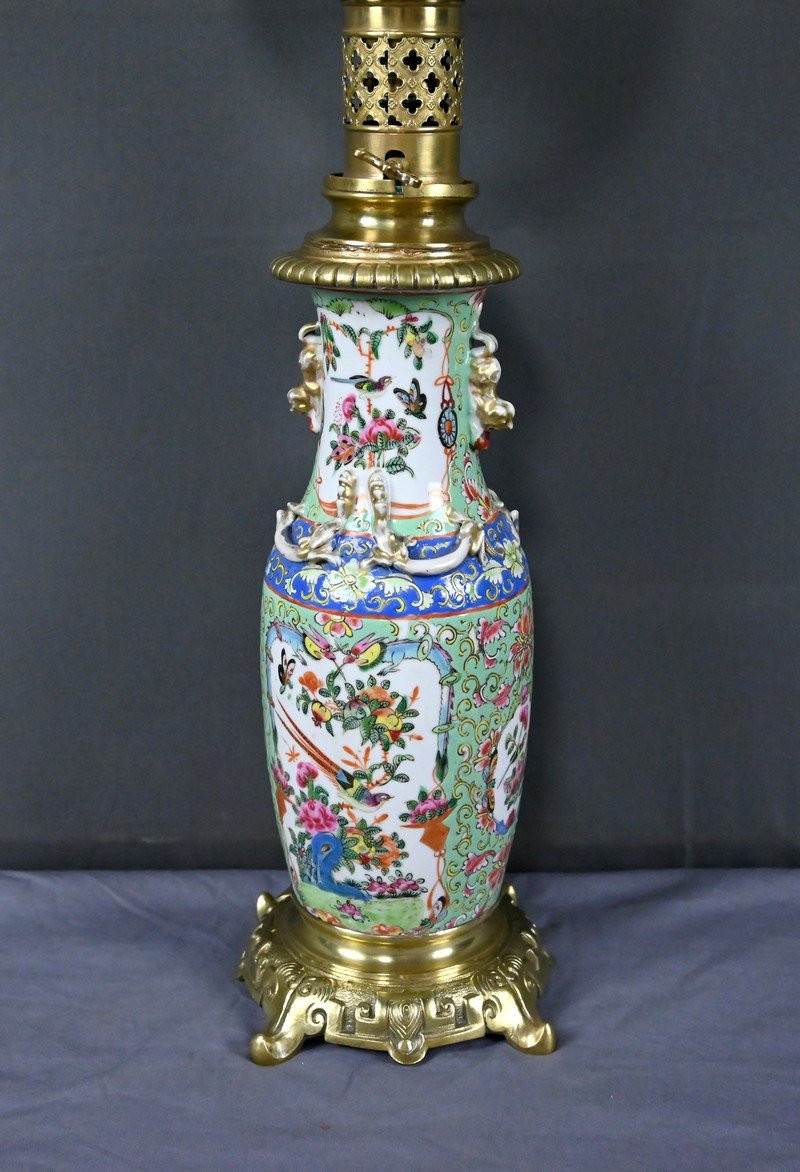 Canton Porcelain & Bronze Oil Lamp, Qing Dynasty, China - Late 19th Century-photo-4