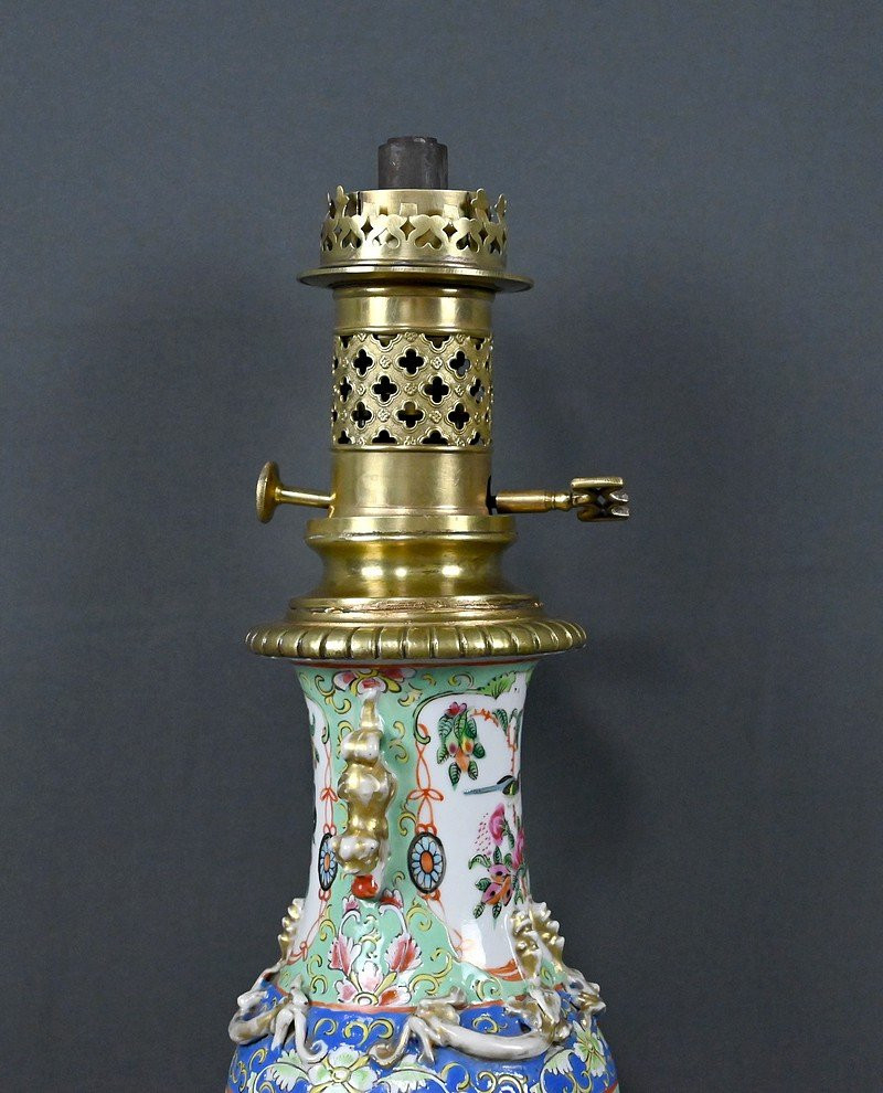 Canton Porcelain & Bronze Oil Lamp, Qing Dynasty, China - Late 19th Century-photo-5