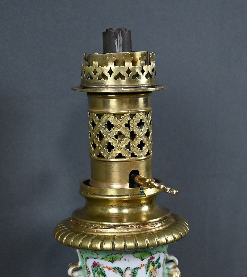 Canton Porcelain & Bronze Oil Lamp, Qing Dynasty, China - Late 19th Century-photo-6