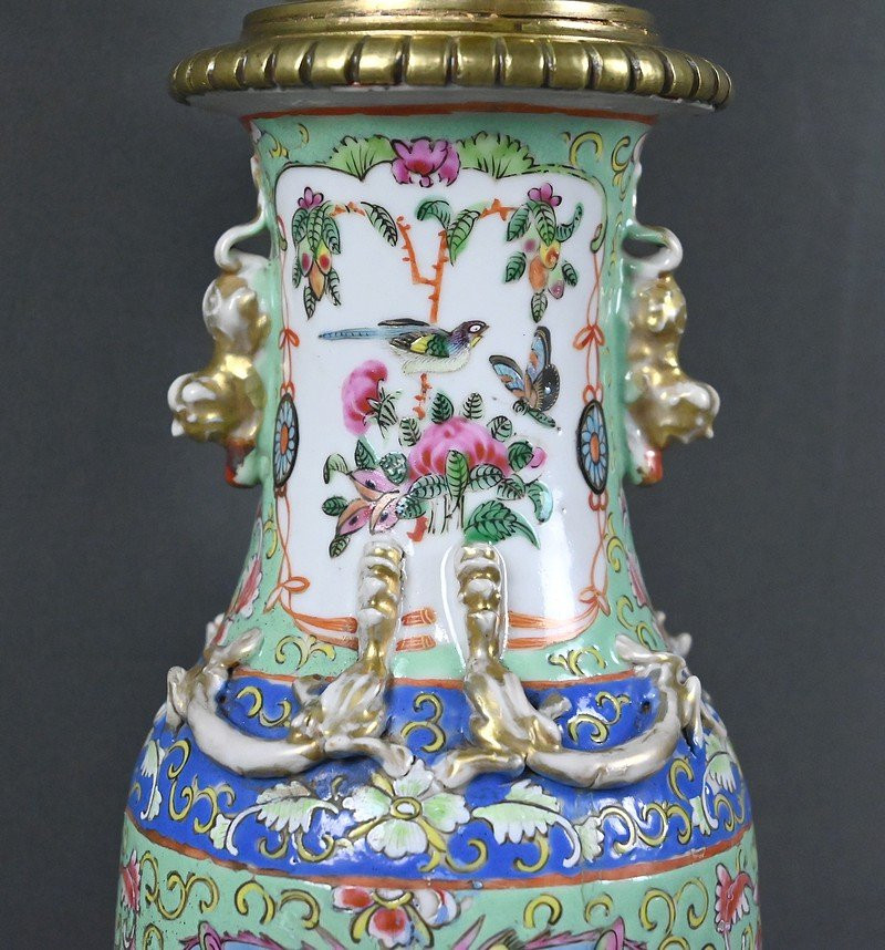 Canton Porcelain & Bronze Oil Lamp, Qing Dynasty, China - Late 19th Century-photo-7