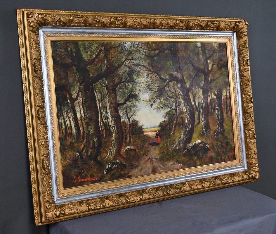 Important Tableau « Promenade dans le sous-bois », Huile sur Toile, signé L. Gourdon – 1896-photo-3