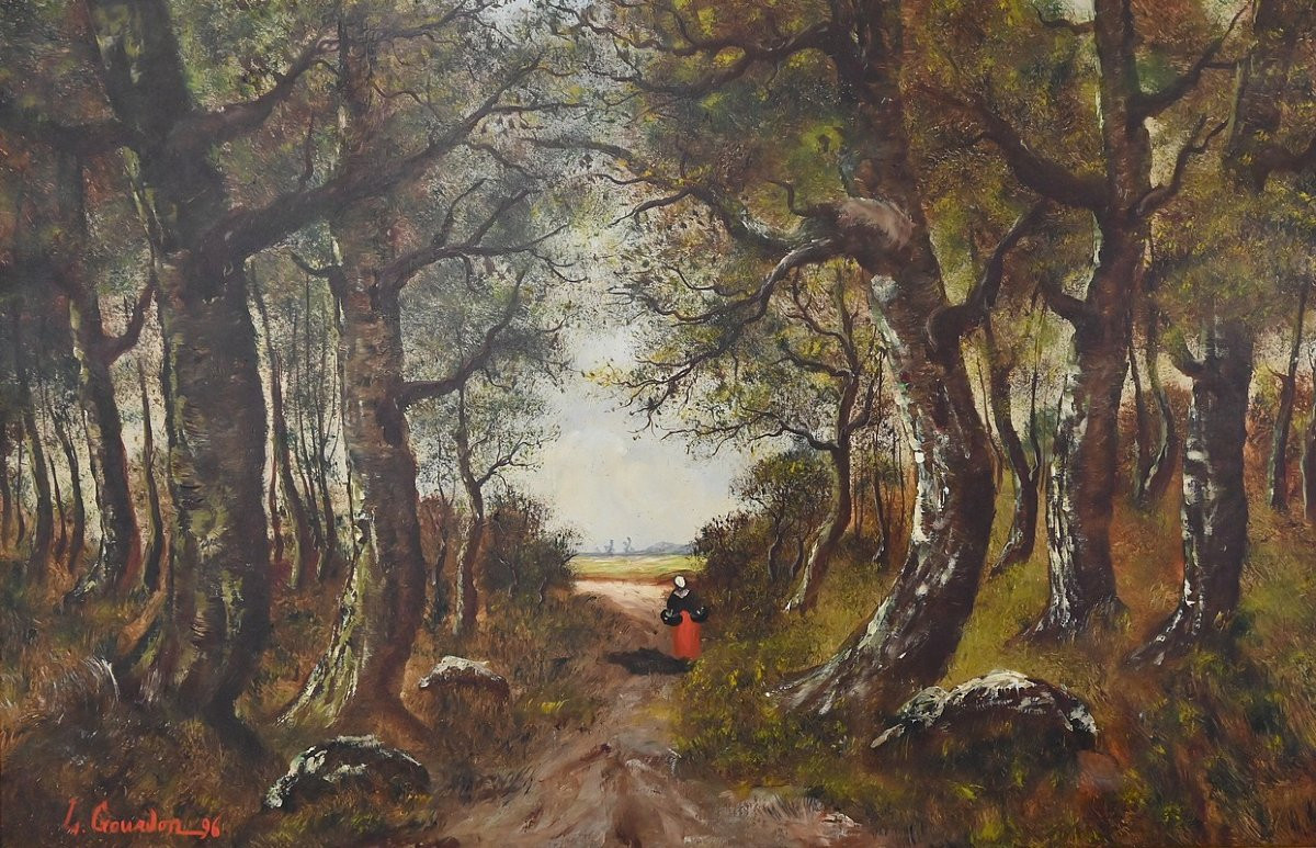 Important Tableau « Promenade dans le sous-bois », Huile sur Toile, signé L. Gourdon – 1896-photo-2