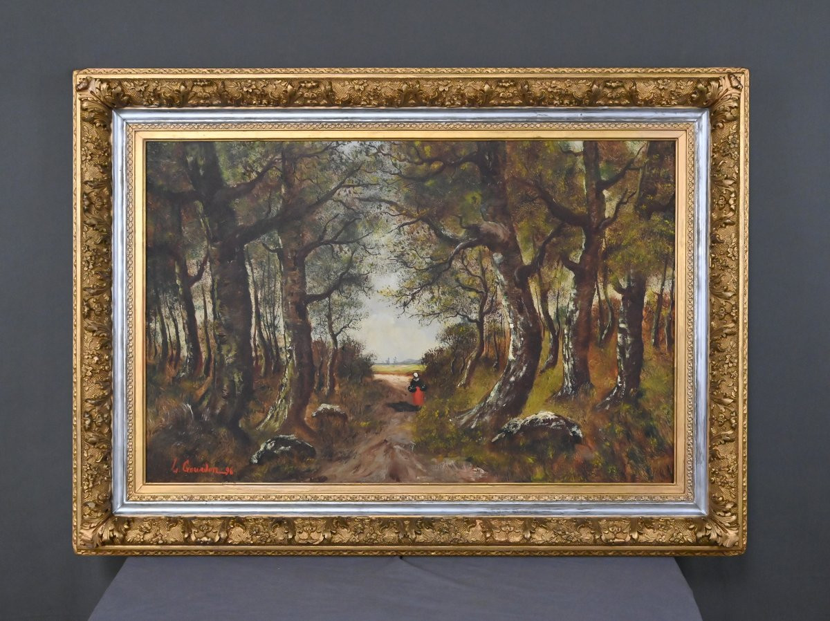 Important Tableau « Promenade dans le sous-bois », Huile sur Toile, signé L. Gourdon – 1896-photo-6