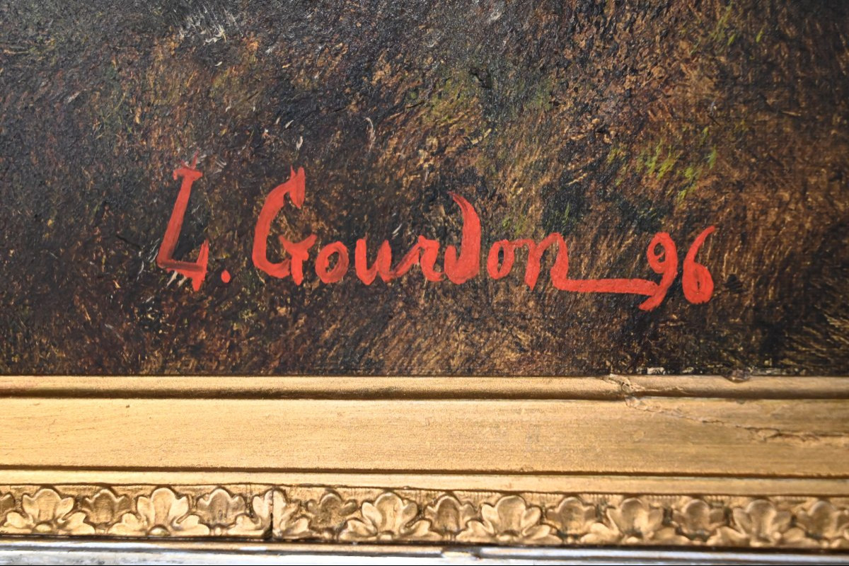 Important Tableau « Promenade dans le sous-bois », Huile sur Toile, signé L. Gourdon – 1896-photo-8