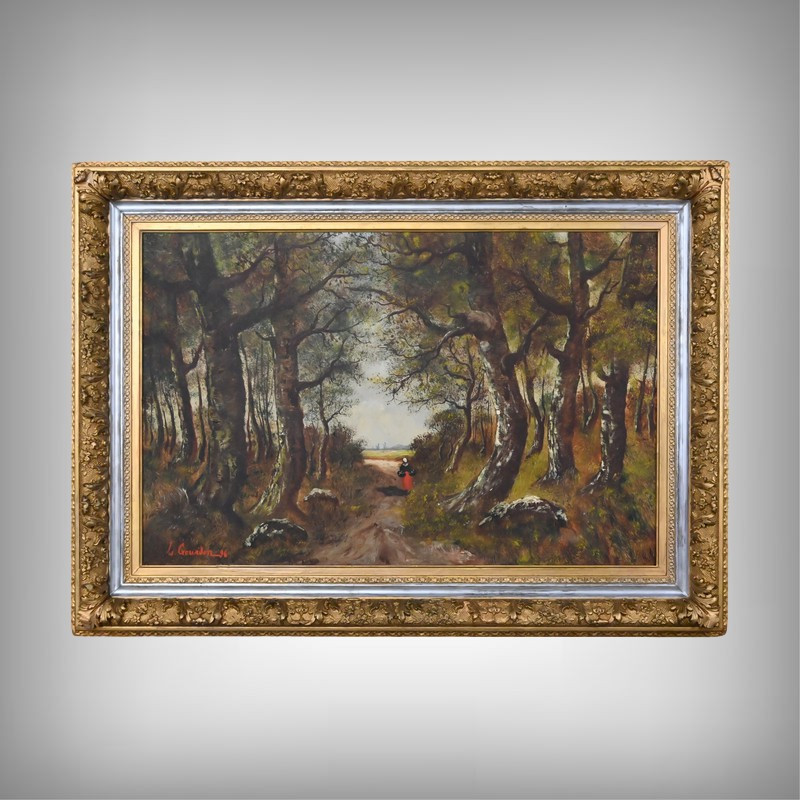 Important Tableau « Promenade dans le sous-bois », Huile sur Toile, signé L. Gourdon – 1896