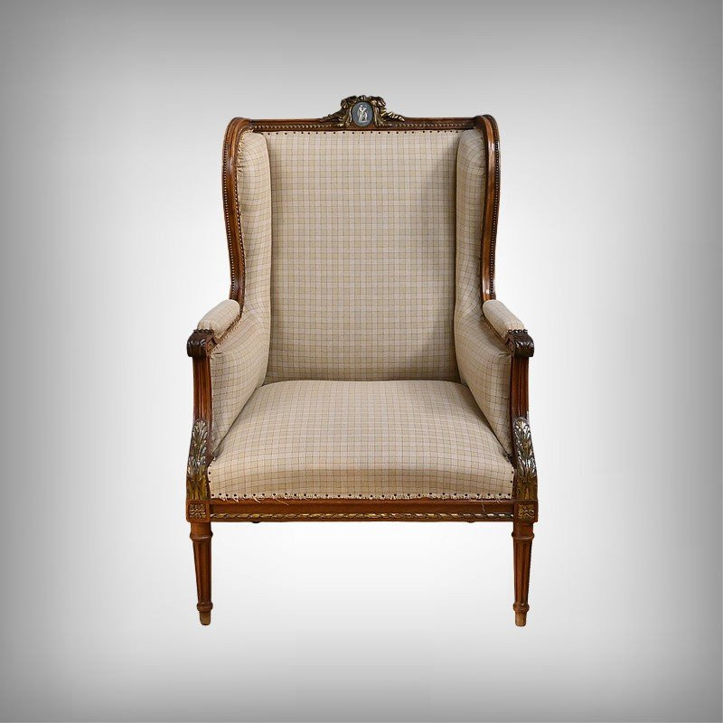 Fauteuil Bergère à Oreilles en Noyer, style Louis XVI – Fin XIXe-photo-2