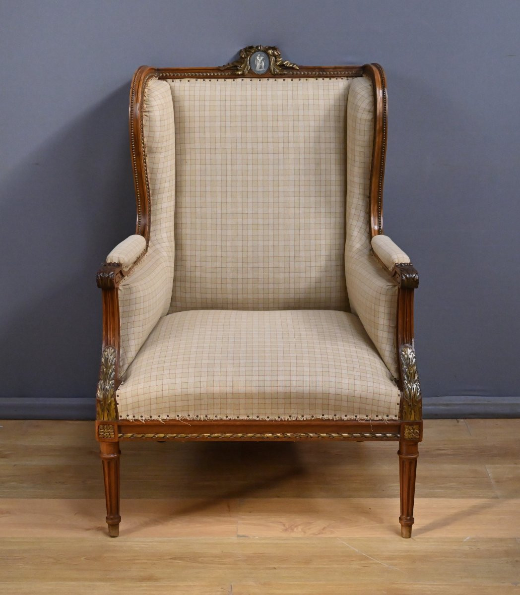 Fauteuil Bergère à Oreilles en Noyer, style Louis XVI – Fin XIXe-photo-5