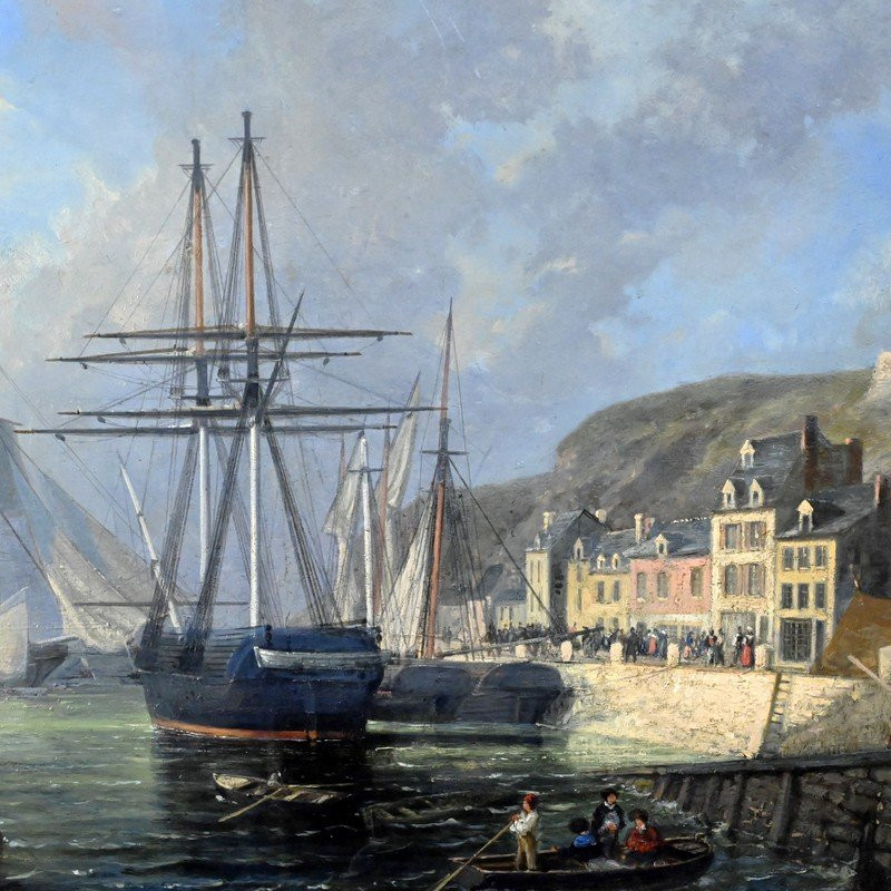 Tableau « Quai en lumière », Huile sur panneau, signé Jules d’Évry – Milieu XIXe-photo-2