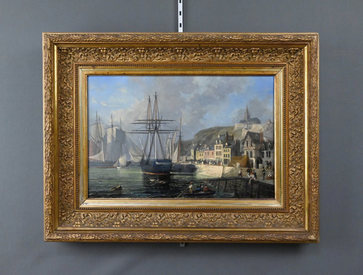 Tableau « Quai en lumière », Huile sur panneau, signé Jules d’Évry – Milieu XIXe-photo-3