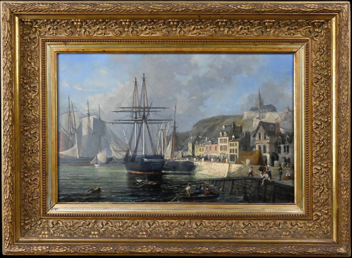 Tableau « Quai en lumière », Huile sur panneau, signé Jules d’Évry – Milieu XIXe-photo-1