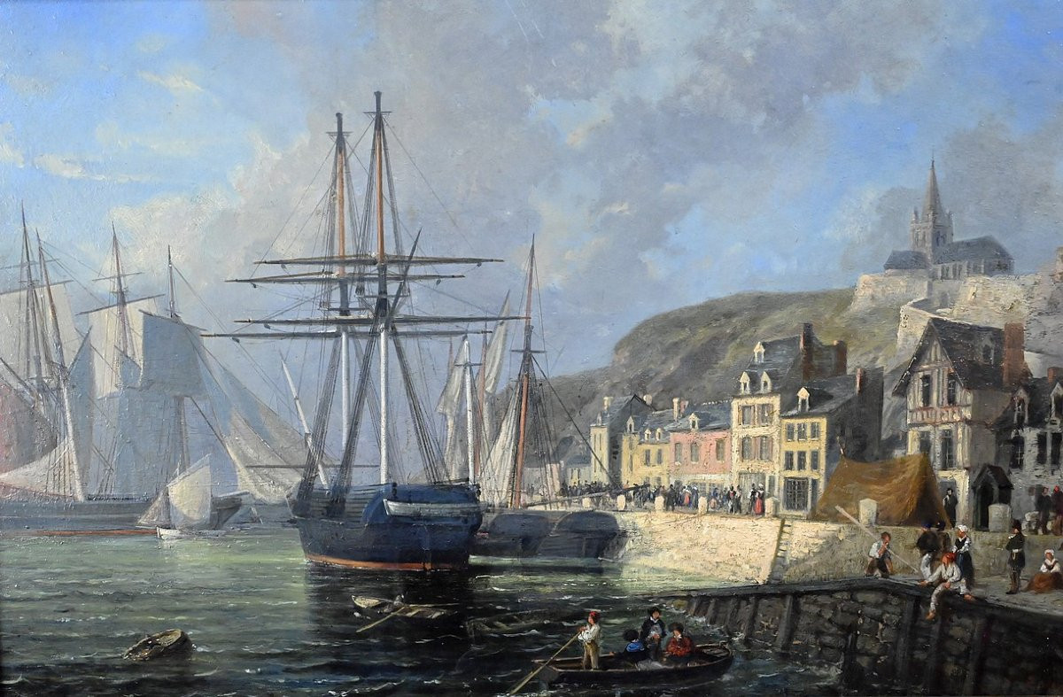 Tableau « Quai en lumière », Huile sur panneau, signé Jules d’Évry – Milieu XIXe-photo-2