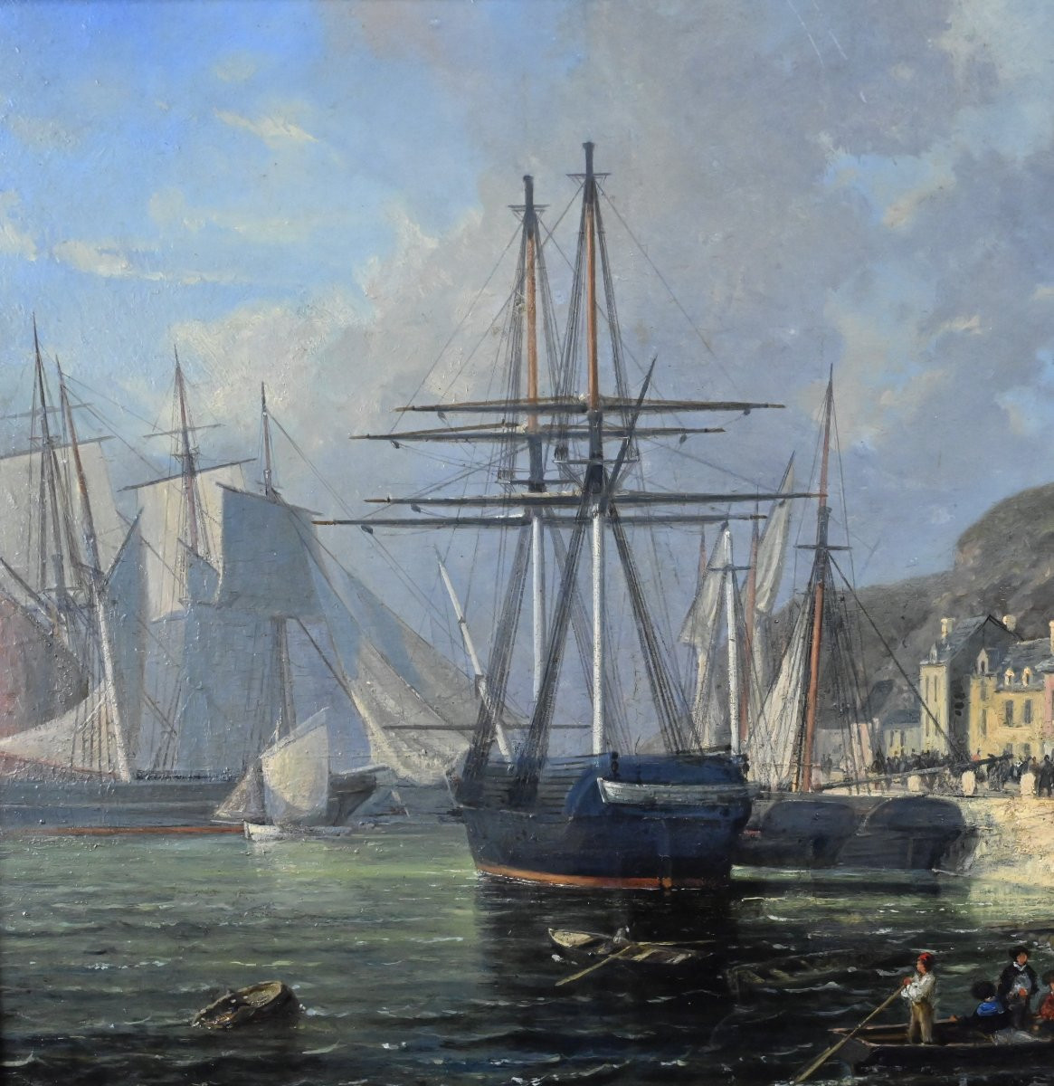 Tableau « Quai en lumière », Huile sur panneau, signé Jules d’Évry – Milieu XIXe-photo-5