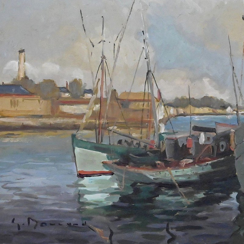 Tableau « Thoniers à Quai », Huile sur panneau, signé G. Boulard – Milieu XXe-photo-2
