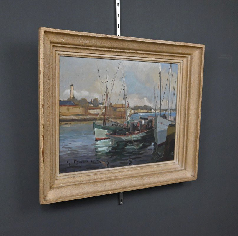 Tableau « Thoniers à Quai », Huile sur panneau, signé G. Boulard – Milieu XXe-photo-3