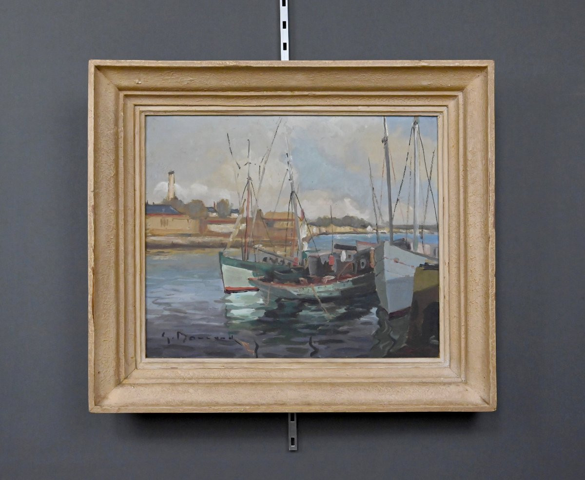 Tableau « Thoniers à Quai », Huile sur panneau, signé G. Boulard – Milieu XXe-photo-1