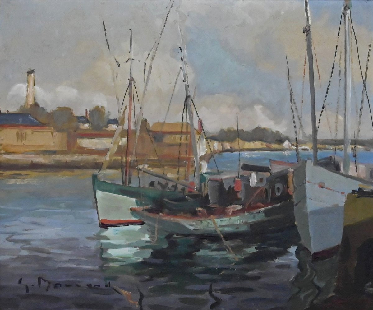 Tableau « Thoniers à Quai », Huile sur panneau, signé G. Boulard – Milieu XXe-photo-2