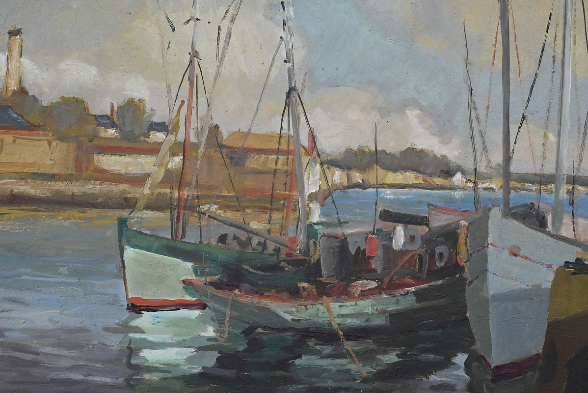Tableau « Thoniers à Quai », Huile sur panneau, signé G. Boulard – Milieu XXe-photo-3