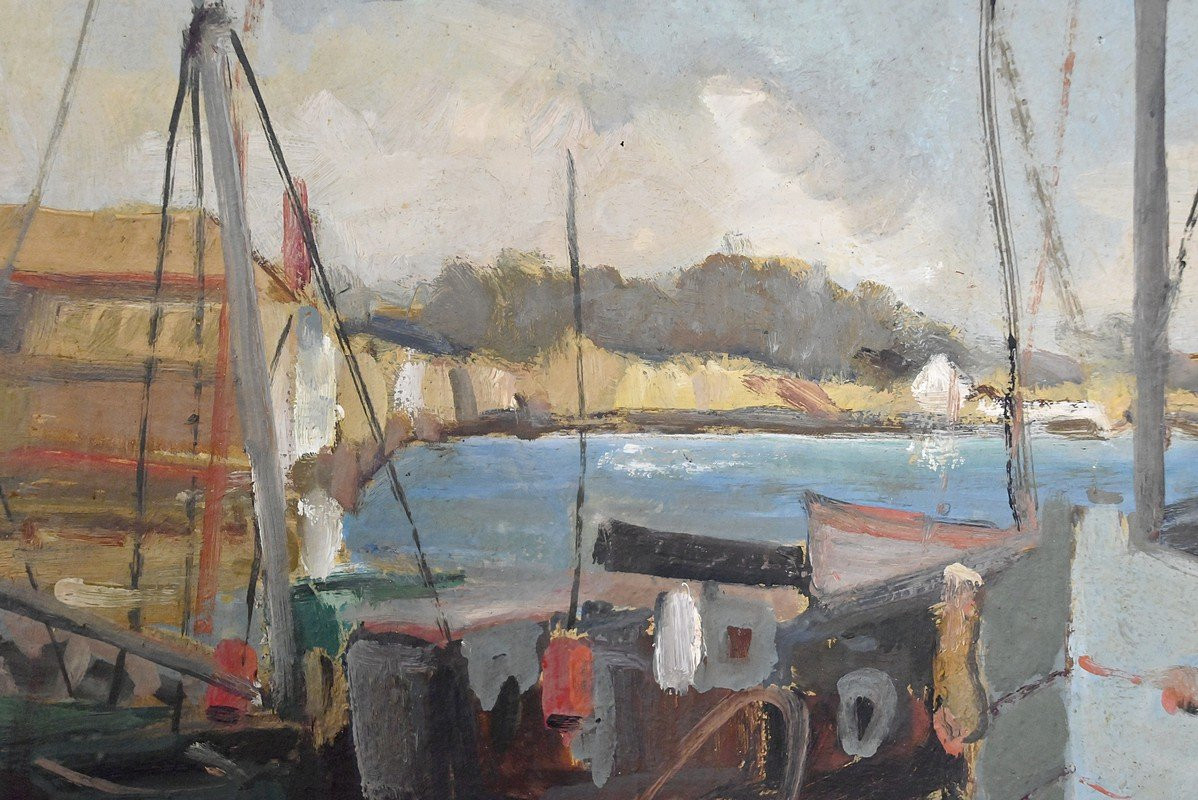 Tableau « Thoniers à Quai », Huile sur panneau, signé G. Boulard – Milieu XXe-photo-6