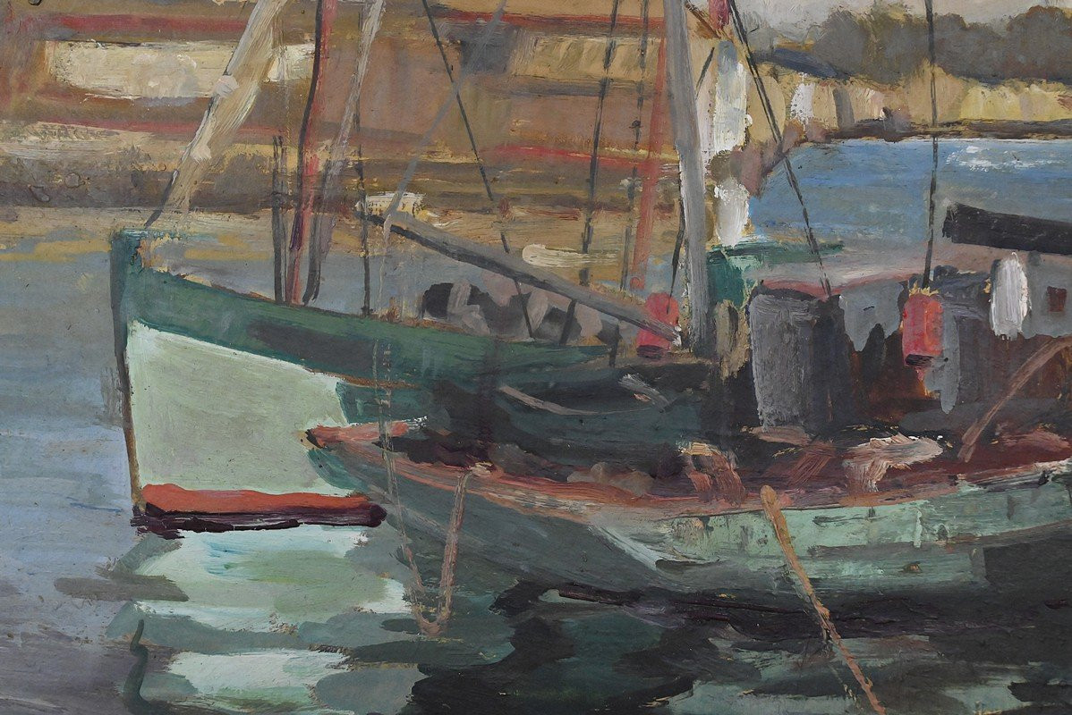 Tableau « Thoniers à Quai », Huile sur panneau, signé G. Boulard – Milieu XXe-photo-7