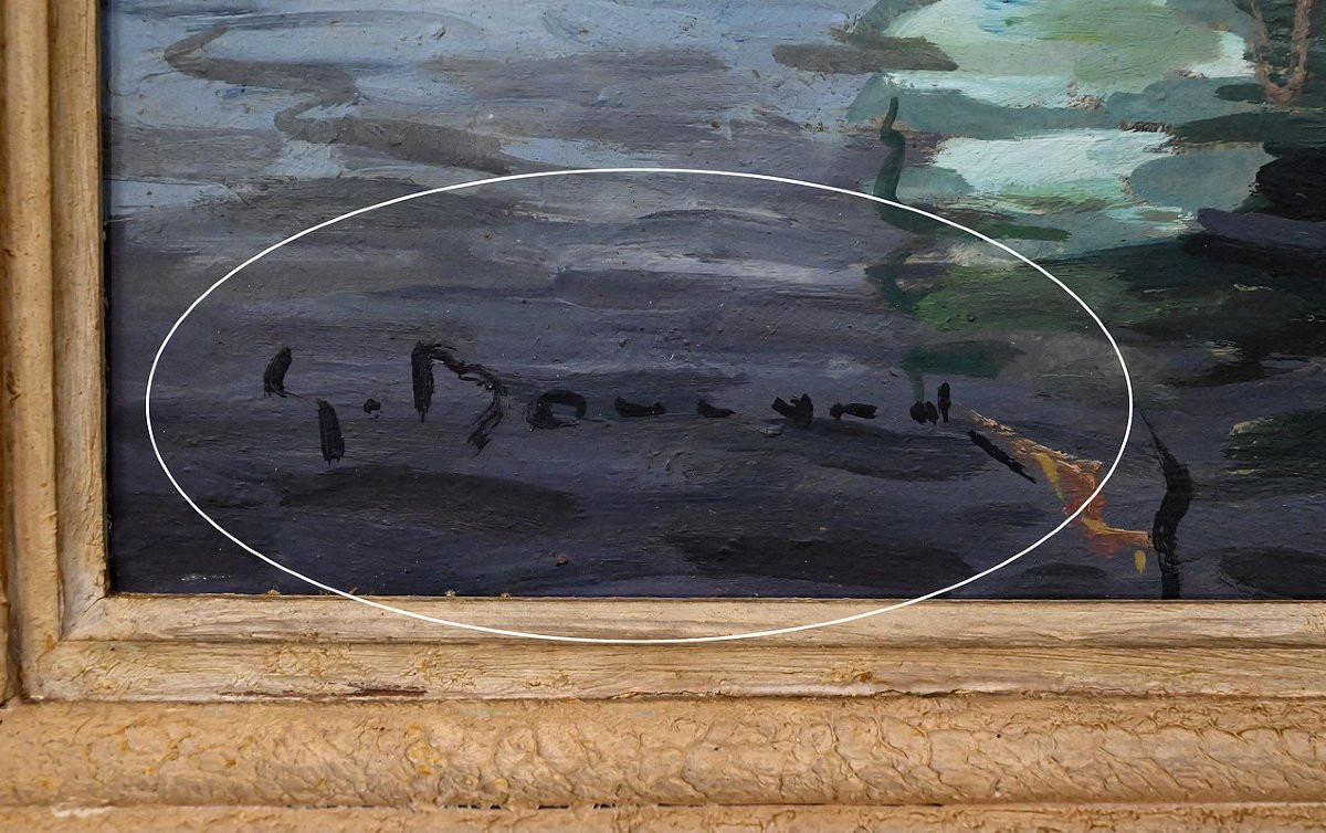 Tableau « Thoniers à Quai », Huile sur panneau, signé G. Boulard – Milieu XXe-photo-8