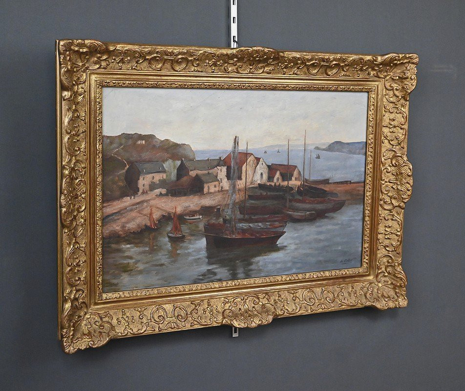 Tableau « Le Port de Camaret », Huile sur Toile, signé H. Callot – Début XXe-photo-3