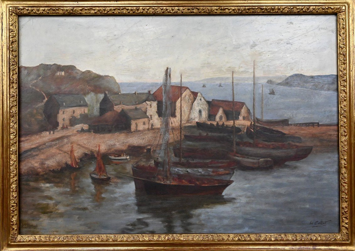 Tableau « Le Port de Camaret », Huile sur Toile, signé H. Callot – Début XXe-photo-2