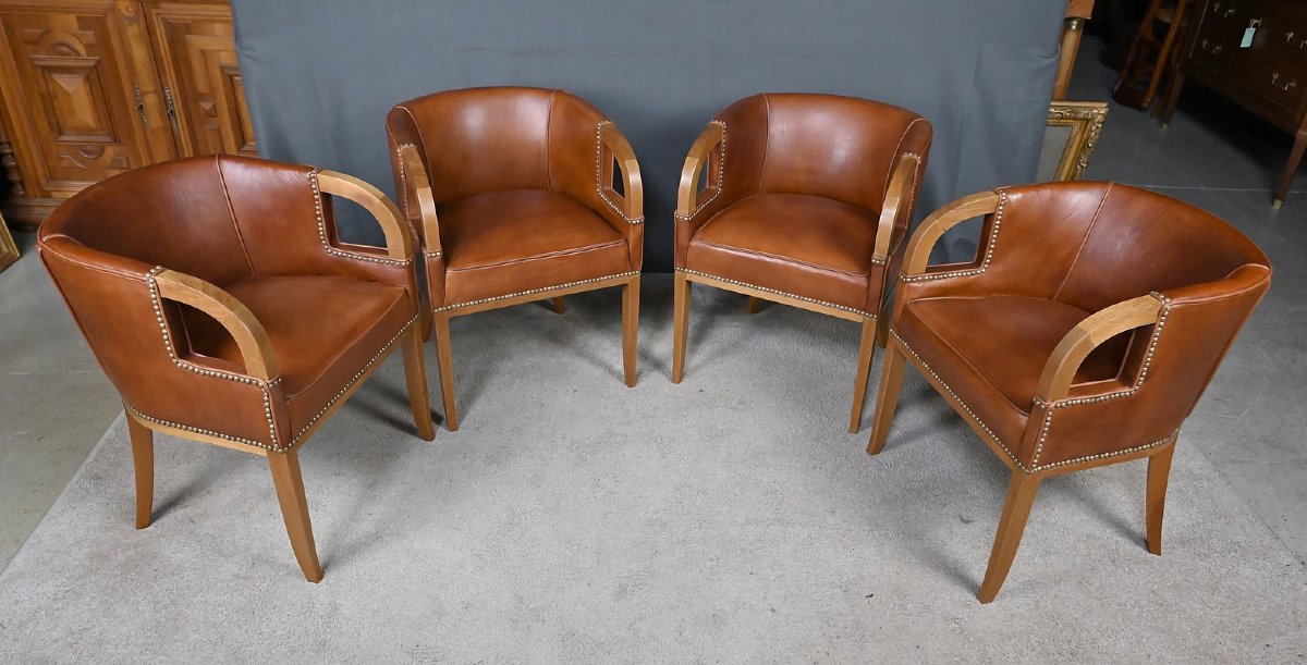 Suite de 4 Fauteuils en Noyer & Cuir, Art Déco – 1940-photo-3