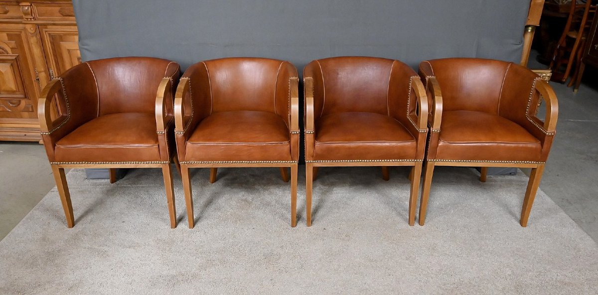 Suite de 4 Fauteuils en Noyer & Cuir, Art Déco – 1940-photo-4