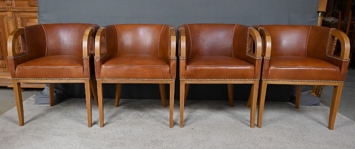 Suite de 4 Fauteuils en Noyer & Cuir, Art Déco – 1940-photo-1