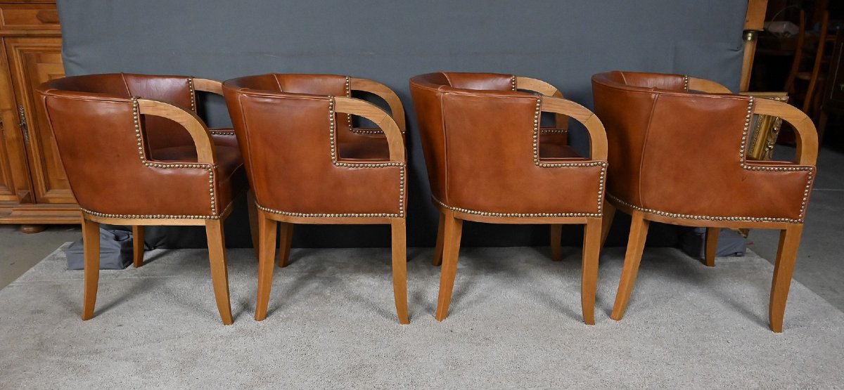 Suite de 4 Fauteuils en Noyer & Cuir, Art Déco – 1940-photo-2
