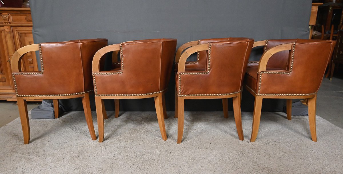 Suite de 4 Fauteuils en Noyer & Cuir, Art Déco – 1940-photo-3