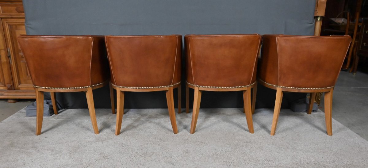 Suite de 4 Fauteuils en Noyer & Cuir, Art Déco – 1940-photo-4