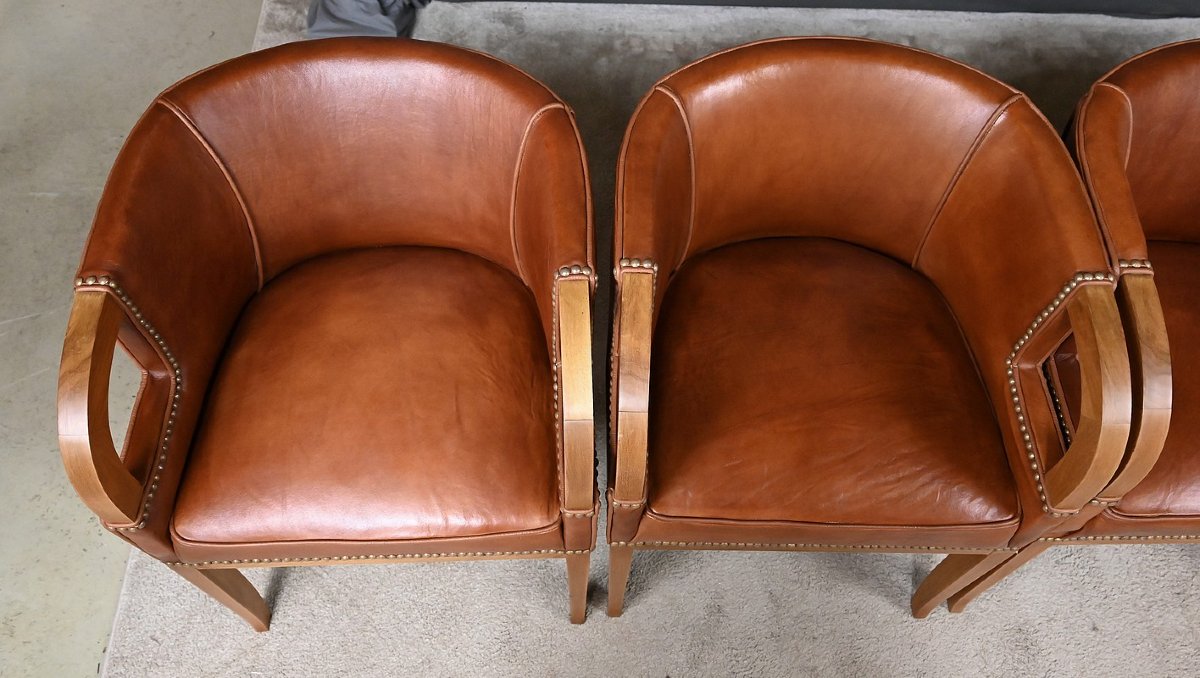 Suite de 4 Fauteuils en Noyer & Cuir, Art Déco – 1940-photo-5