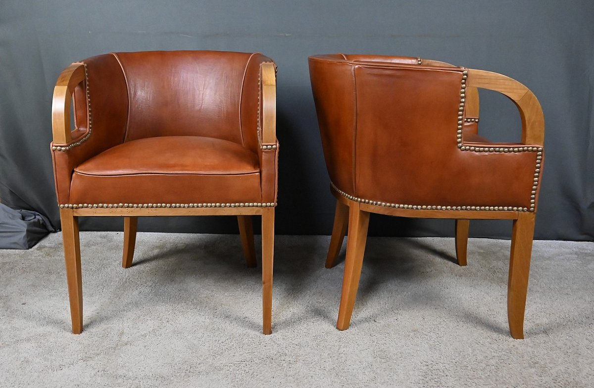Suite de 4 Fauteuils en Noyer & Cuir, Art Déco – 1940-photo-7