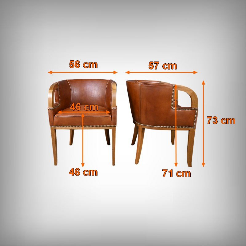 Suite de 4 Fauteuils en Noyer & Cuir, Art Déco – 1940-photo-8