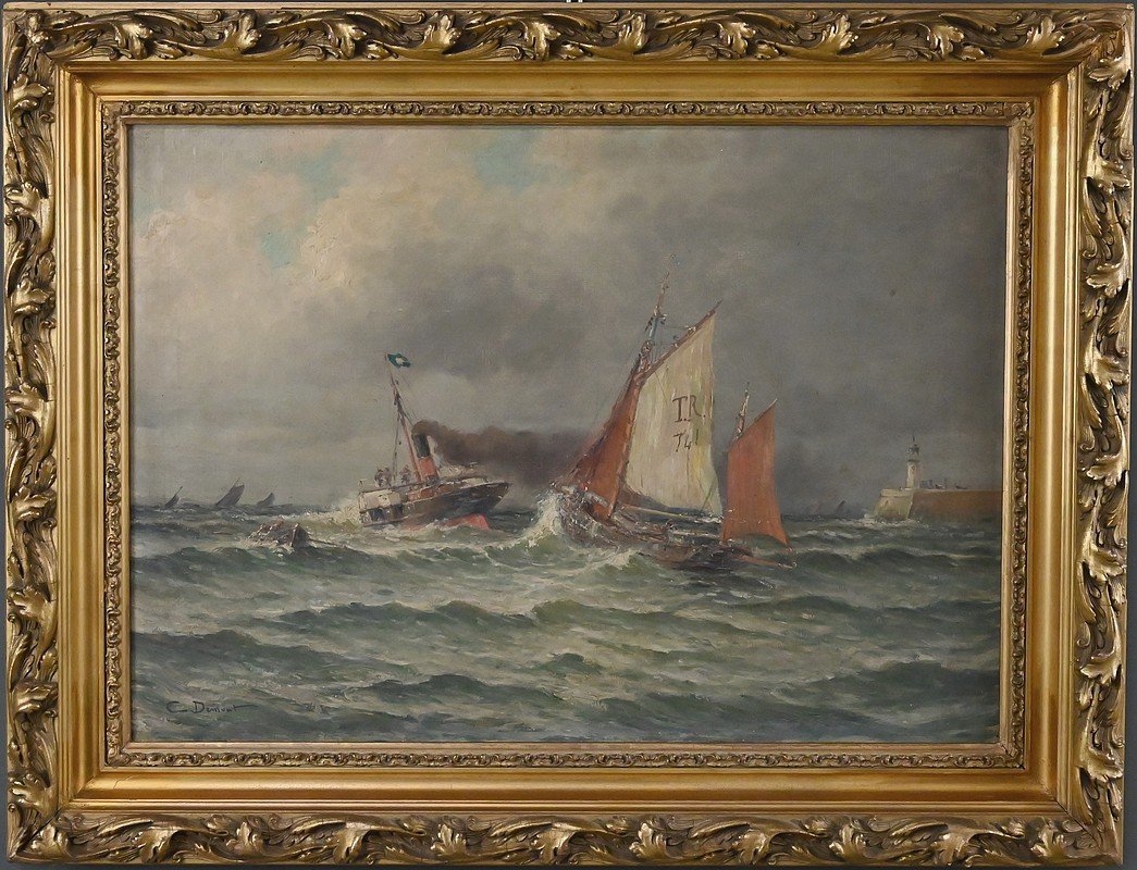 Tableau « Entrée du Port par Mer agitée », Huile sur Toile, signé C. Demont – Début XXe-photo-2