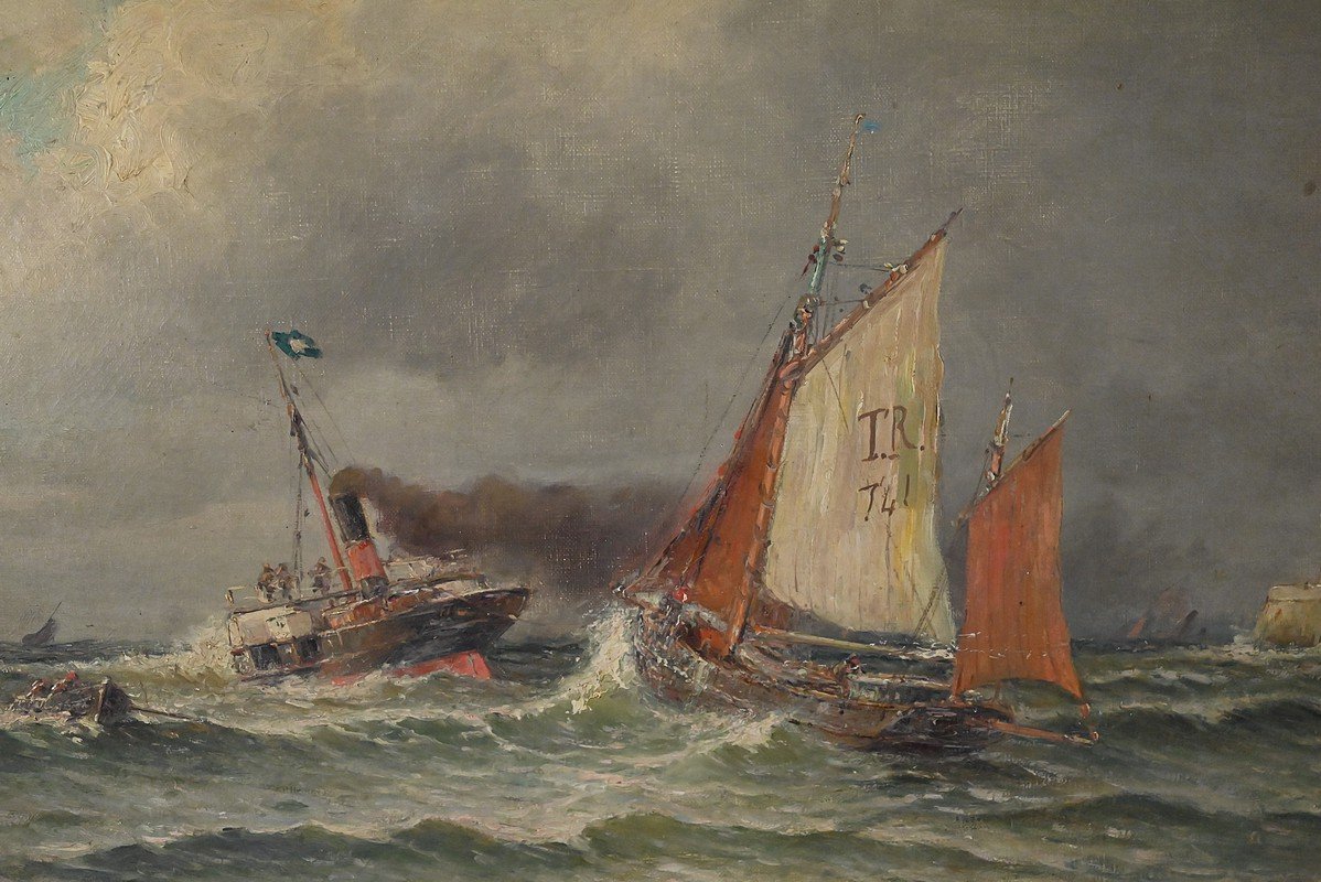 Tableau « Entrée du Port par Mer agitée », Huile sur Toile, signé C. Demont – Début XXe-photo-3