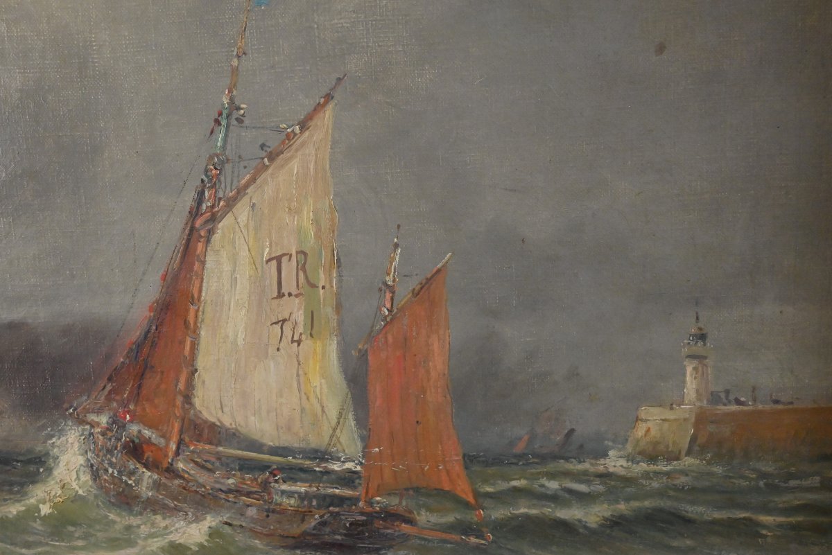 Tableau « Entrée du Port par Mer agitée », Huile sur Toile, signé C. Demont – Début XXe-photo-4