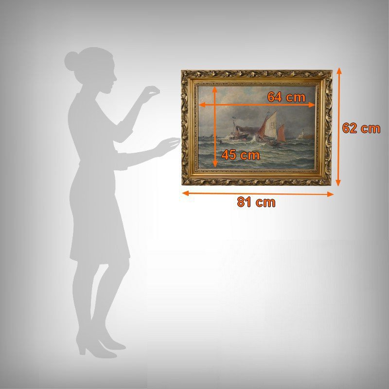 Tableau « Entrée du Port par Mer agitée », Huile sur Toile, signé C. Demont – Début XXe-photo-1