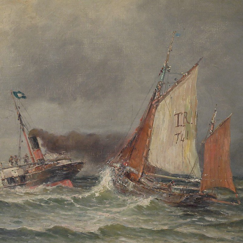 Tableau « Entrée du Port par Mer agitée », Huile sur Toile, signé C. Demont – Début XXe-photo-2