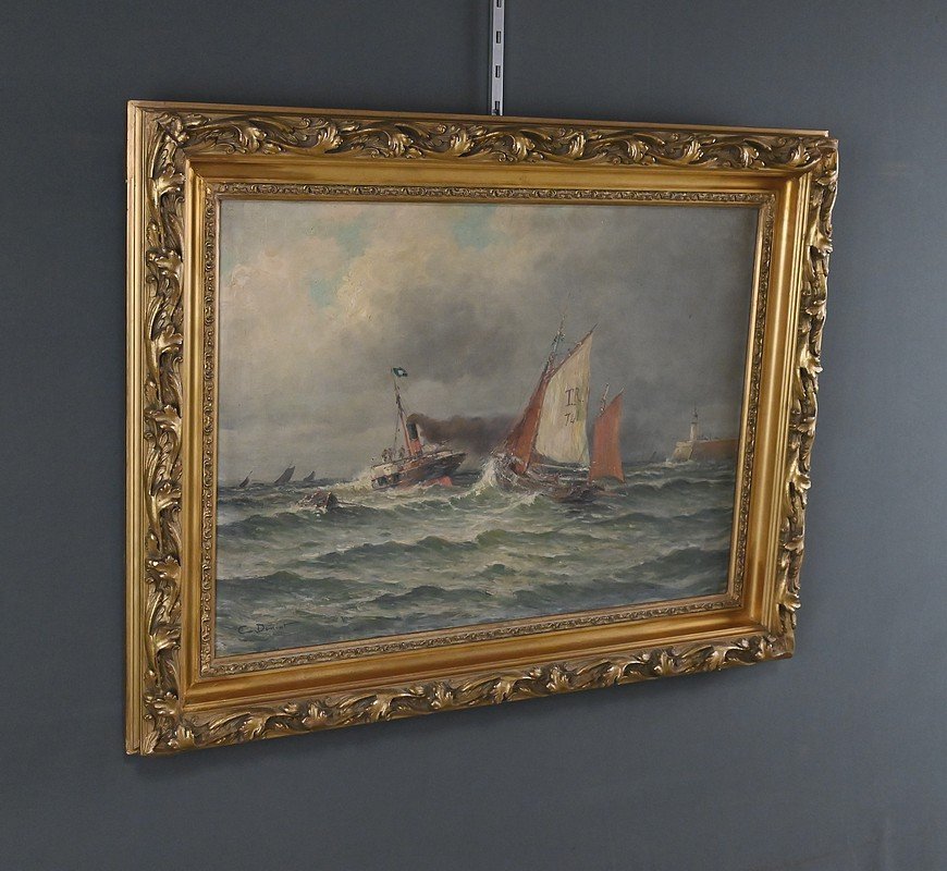 Tableau « Entrée du Port par Mer agitée », Huile sur Toile, signé C. Demont – Début XXe-photo-3