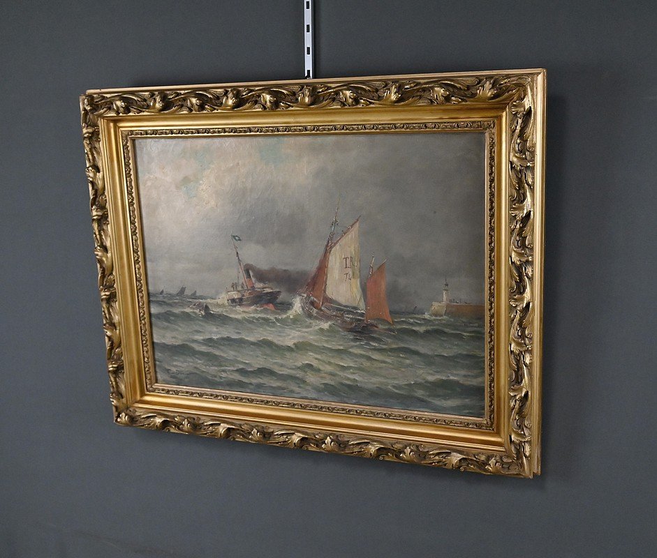 Tableau « Entrée du Port par Mer agitée », Huile sur Toile, signé C. Demont – Début XXe-photo-4