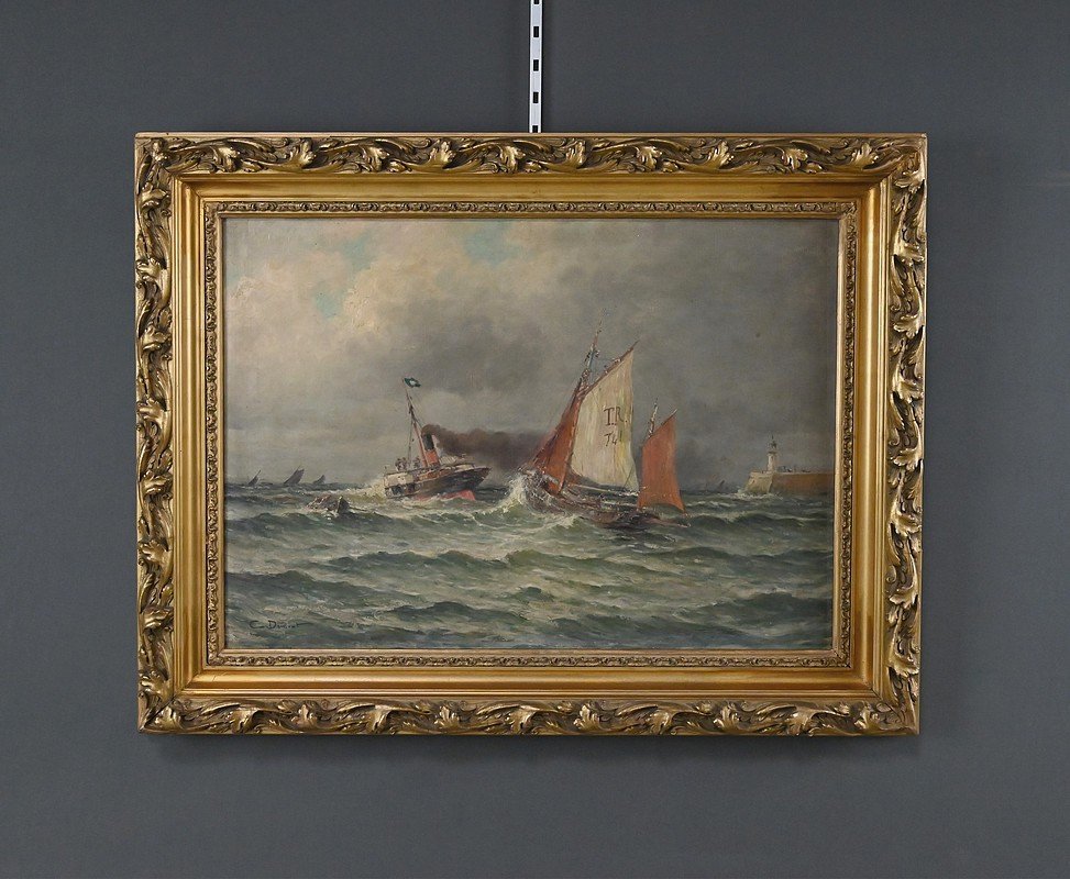 Tableau « Entrée du Port par Mer agitée », Huile sur Toile, signé C. Demont – Début XXe-photo-5