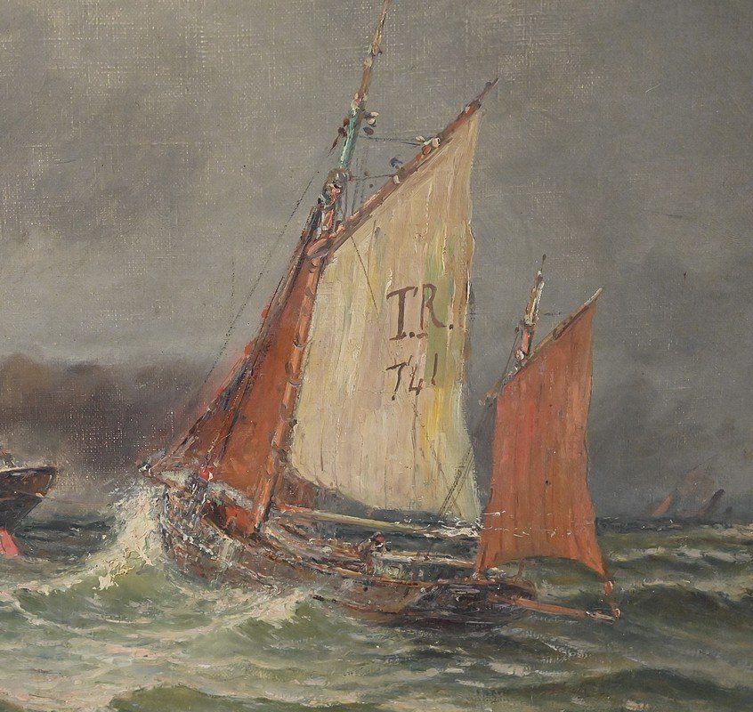 Tableau « Entrée du Port par Mer agitée », Huile sur Toile, signé C. Demont – Début XXe-photo-6