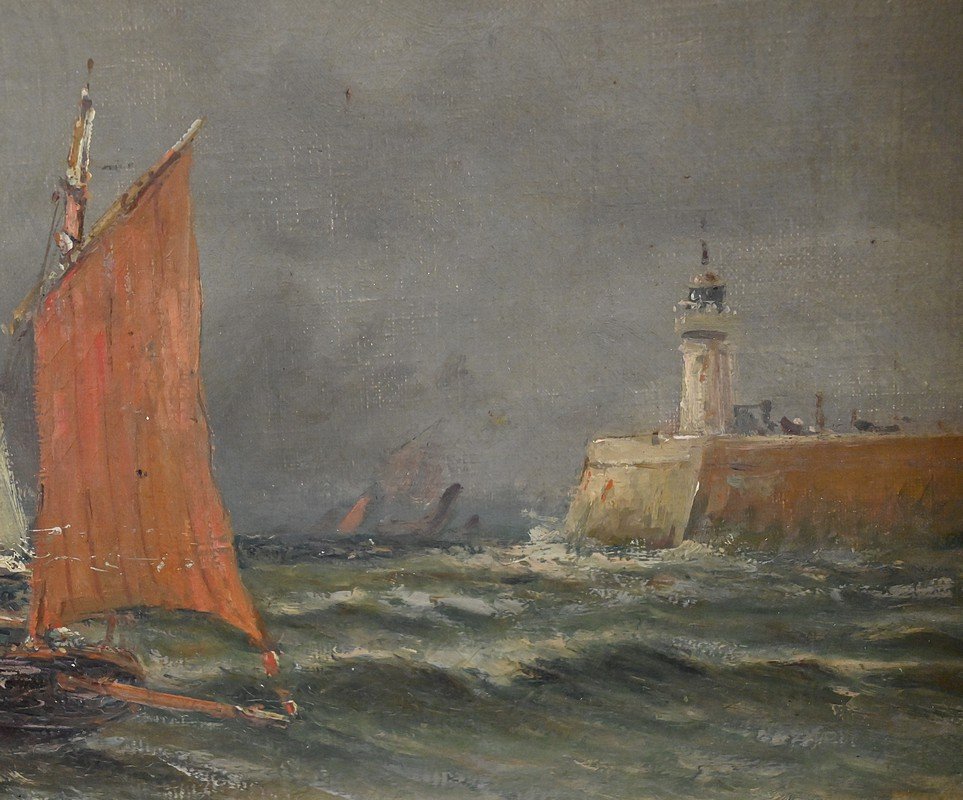 Tableau « Entrée du Port par Mer agitée », Huile sur Toile, signé C. Demont – Début XXe-photo-7