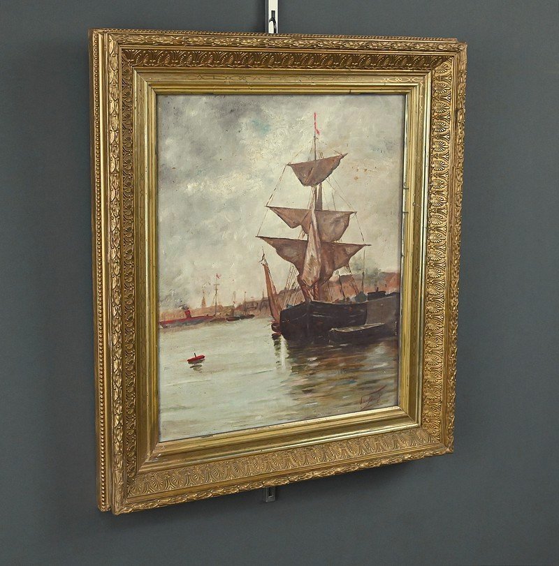 Tableau « Voilier sur mer calme », Huile sur toile – Fin XIXe-photo-3