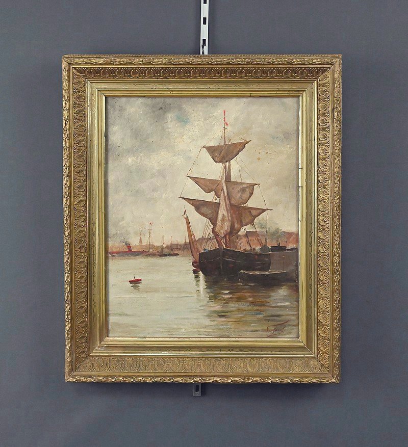 Tableau « Voilier sur mer calme », Huile sur toile – Fin XIXe-photo-4