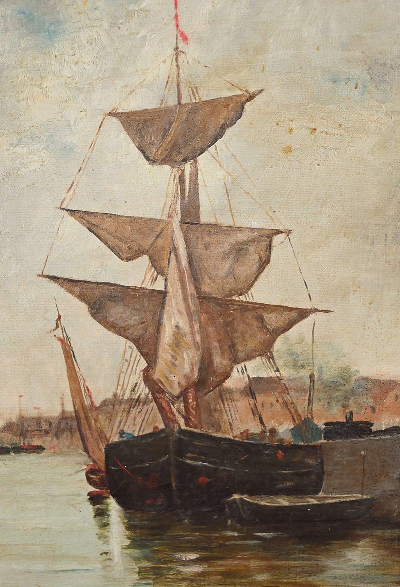 Tableau « Voilier sur mer calme », Huile sur toile – Fin XIXe-photo-2