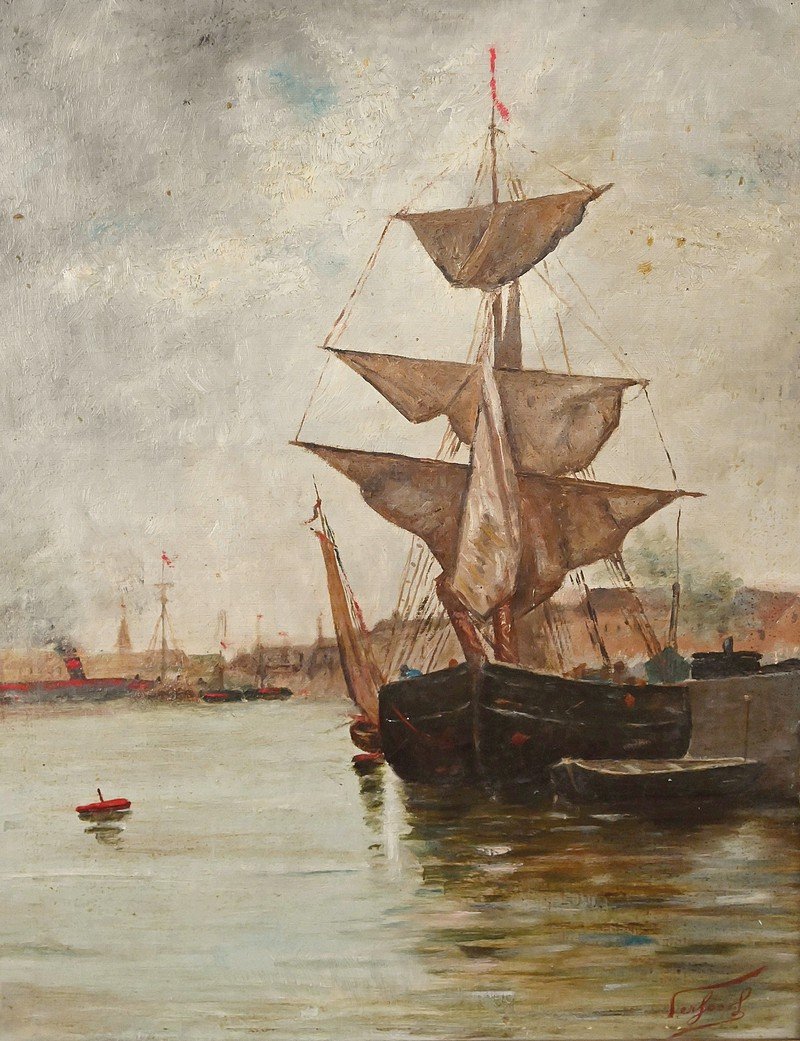 Tableau « Voilier sur mer calme », Huile sur toile – Fin XIXe-photo-4