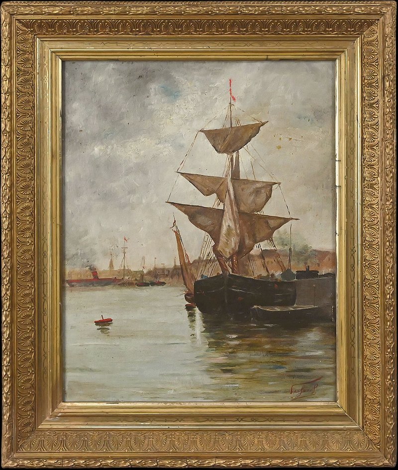 Tableau « Voilier sur mer calme », Huile sur toile – Fin XIXe-photo-1